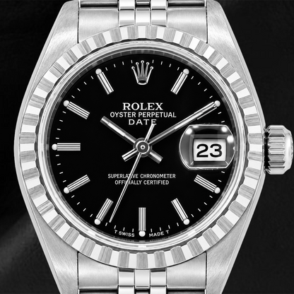 Rolex Date 6924 26mm Black Stick Dial Stainless Steel Jubilee Bracelet Watch