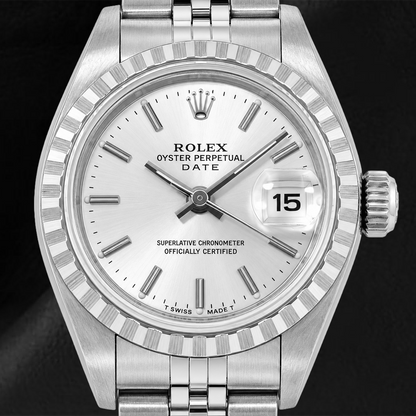 Rolex Date 6924 26mm Silver Stick Dial Stainless Steel Jubilee Bracelet Watch