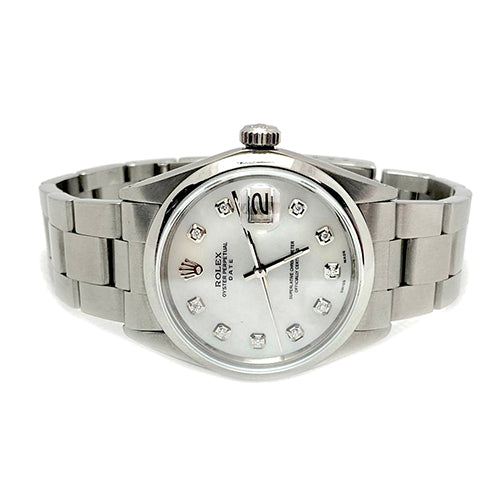 Rolex Date White Mother of Pearl Diamond Dial  34 mm Stainlesss Steel Watch