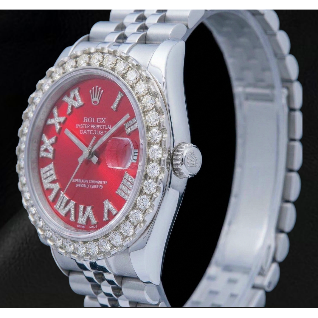 Rolex Datejust 116200 36mm Red Roman Diamond Dial Stainless Steel Watch