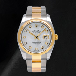 Rolex Datejust 116203 36mm White Mother Of Pearl Diamond Dial Two Tone Watch