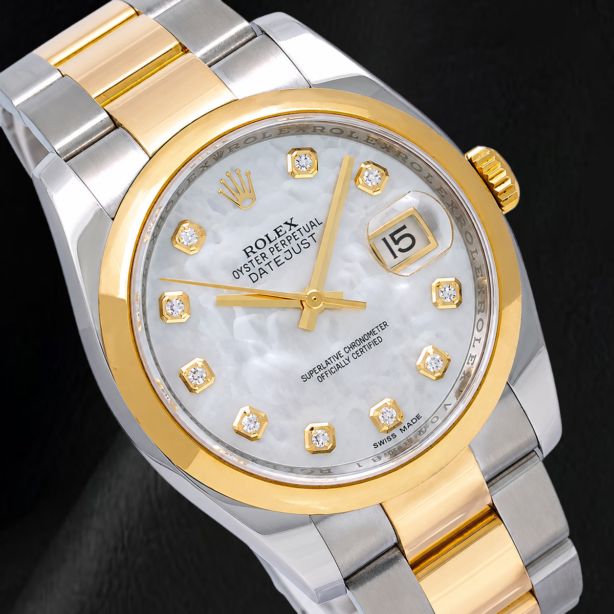 Rolex Datejust 116203 36mm White Mother Of Pearl Diamond Dial Two Tone Watch