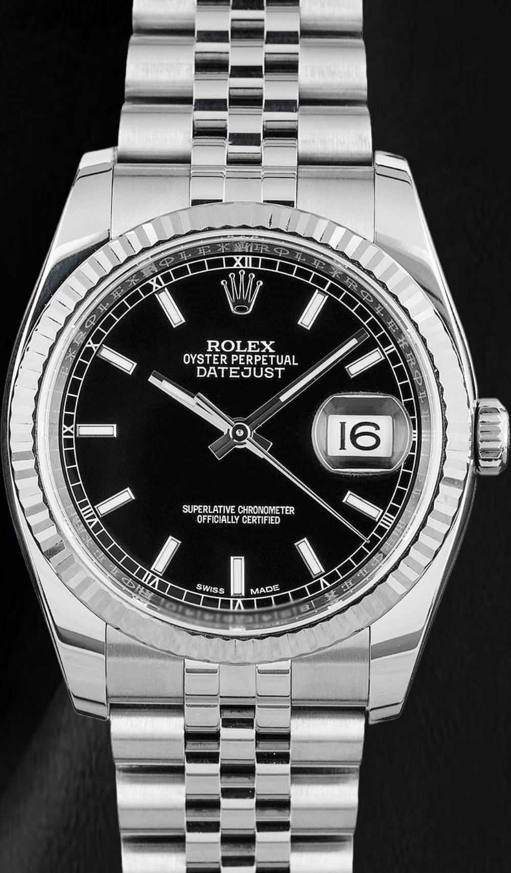 Rolex Datejust 11623 36mm Black Stick Luminous Dial Stainless Steel Watch