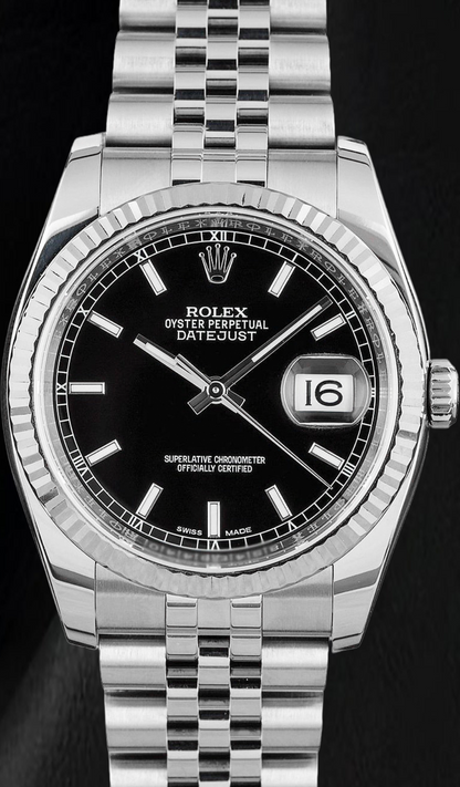 Rolex Datejust 11623 36mm Black Stick Luminous Dial Stainless Steel Watch
