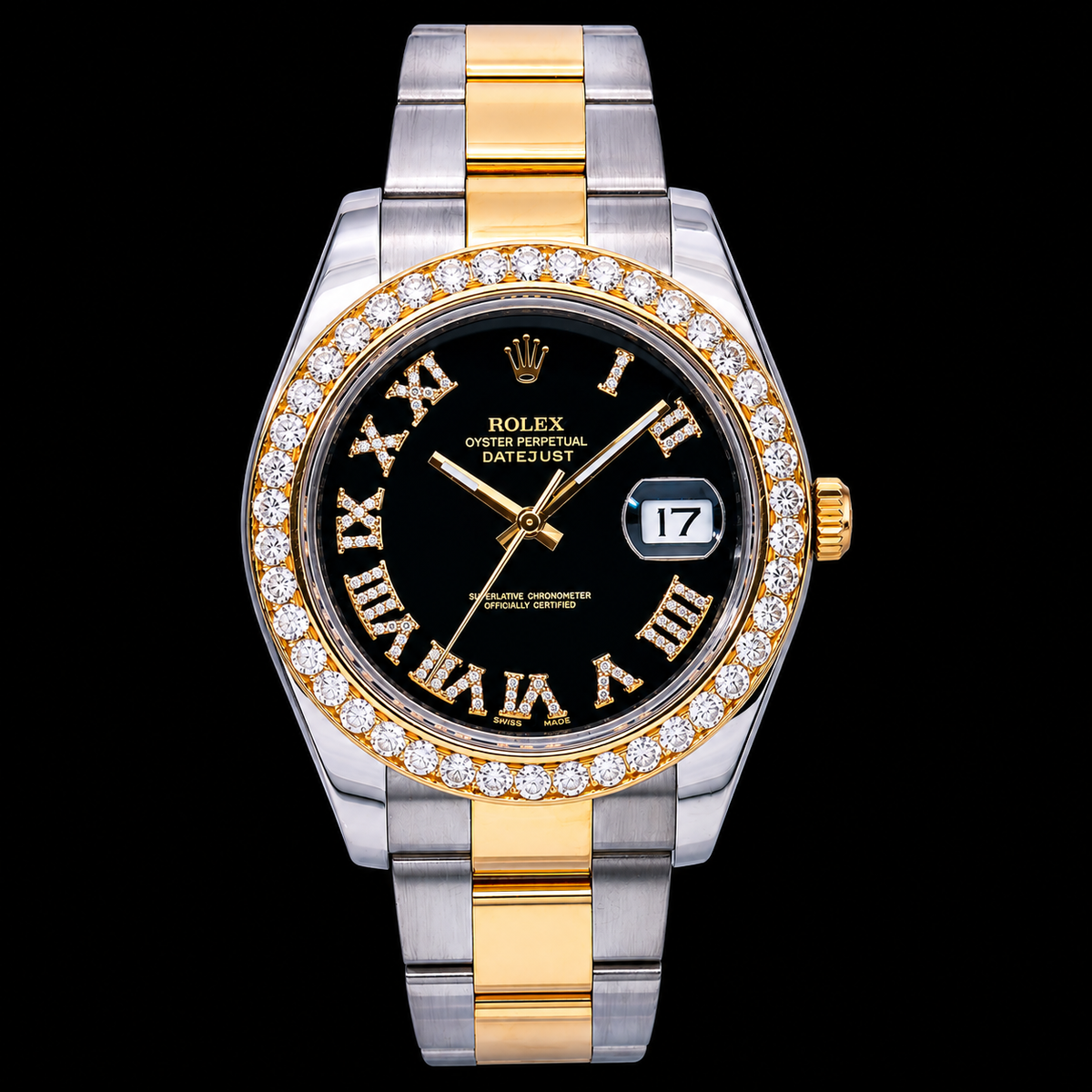 Rolex Datejust 116333 41mm Black Roman Diamond Dial Two Tone Gold Oyster Bracelet Watch
