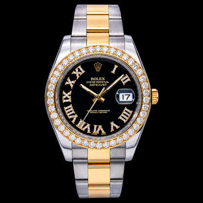 Rolex Datejust 116333 41mm Black Roman Diamond Dial Two Tone Gold Oyster Bracelet Watch