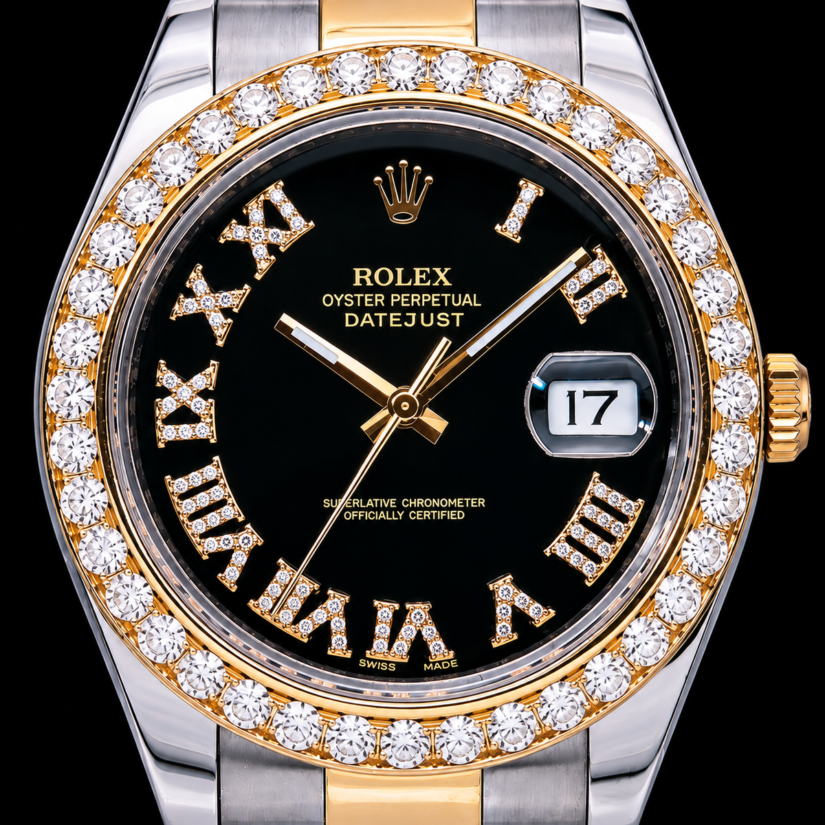 Rolex Datejust 116333 41mm Black Roman Diamond Dial Two Tone Gold Oyster Bracelet Watch