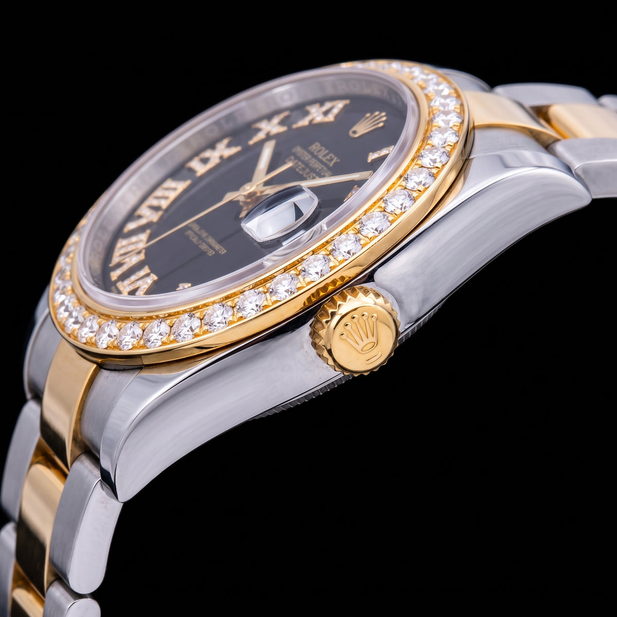 Rolex Datejust 116333 41mm Black Roman Diamond Dial Two Tone Gold Oyster Bracelet Watch