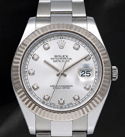 Rolex Datejust 116334 41mm Silver Diamond Dial White Gold Fluted Bezel Watch