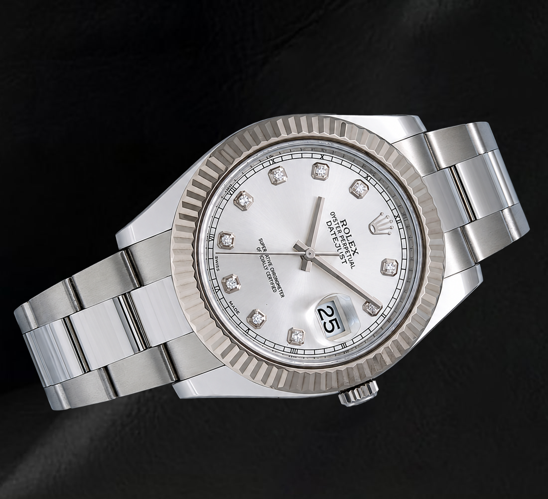 Rolex Datejust 116334 41mm Silver Diamond Dial White Gold Fluted Bezel Watch