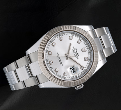 Rolex Datejust 116334 41mm Silver Diamond Dial White Gold Fluted Bezel Watch