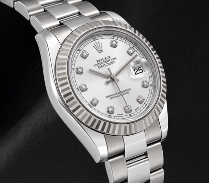 Rolex Datejust 116334 41mm Silver Diamond Dial White Gold Fluted Bezel Watch