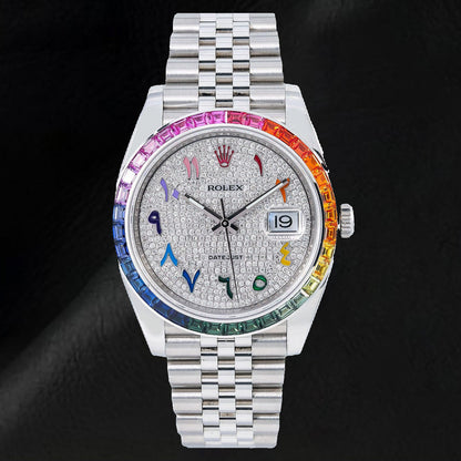 Rolex Datejust 126300 41mm Paved Diamond Rainbow Arabic Dial Stainless Steel Jubilee Bracelet Watch