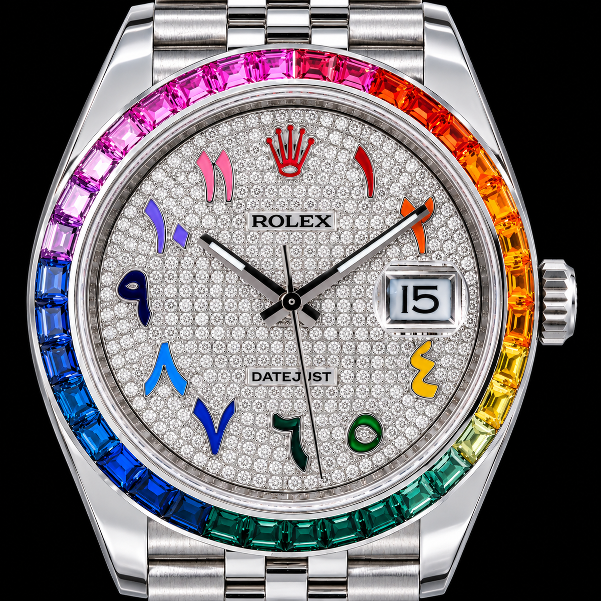 Rolex Datejust 126300 41mm Paved Diamond Rainbow Arabic Dial Stainless Steel Jubilee Bracelet Watch