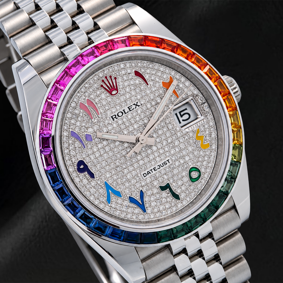 Rolex Datejust 126300 41mm Paved Diamond Rainbow Arabic Dial Stainless Steel Jubilee Bracelet Watch