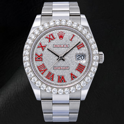 Rolex Datejust 126300 41mm Paved Diamond Red Roman Dial Stainless Steel Watch
