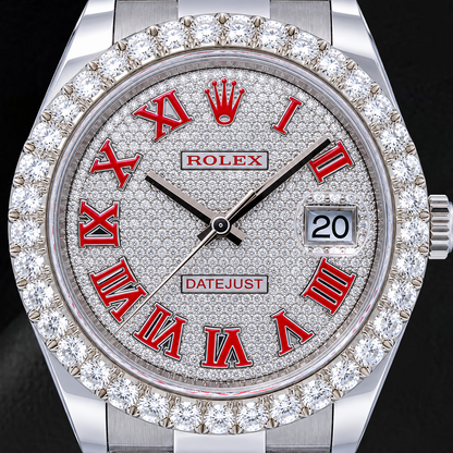 Rolex Datejust 126300 41mm Paved Diamond Red Roman Dial Stainless Steel Watch