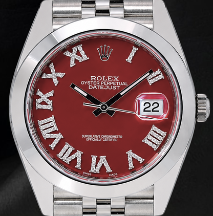 Rolex Datejust 126300 41mm Red Roman Diamond Dial Stainless Steel Watch