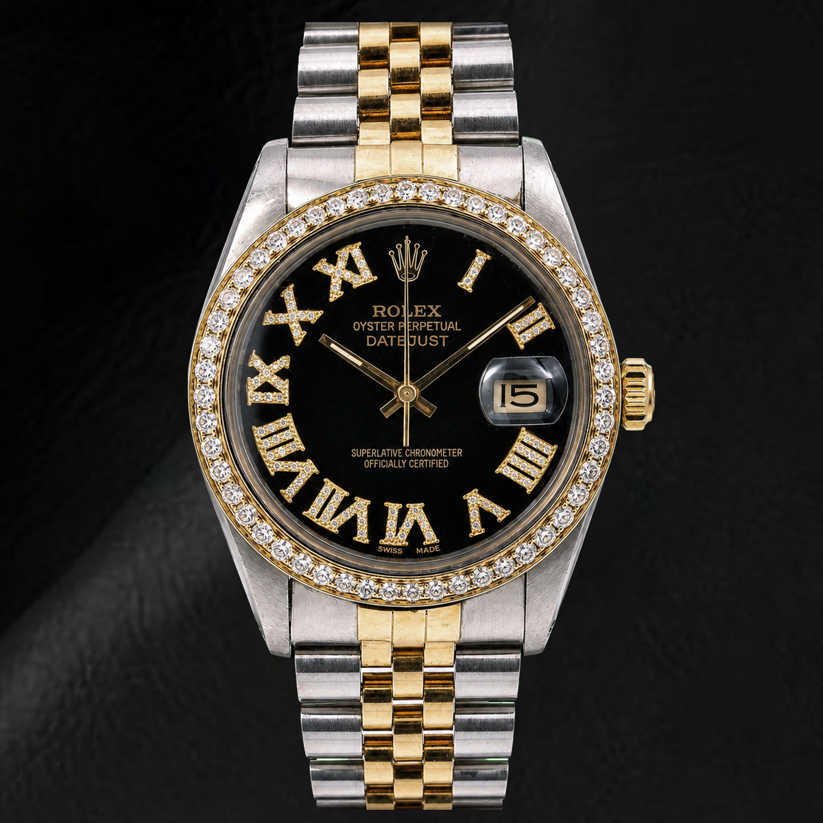 Rolex Datejust 16013 36mm Black Roman Diamond Dial Two Tone Watch