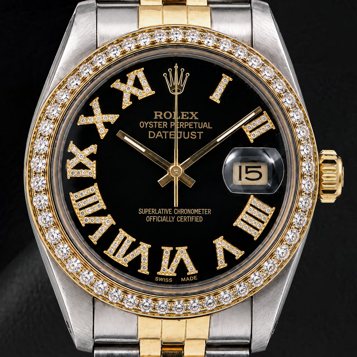 Rolex Datejust 16013 36mm Black Roman Diamond Dial Two Tone Watch