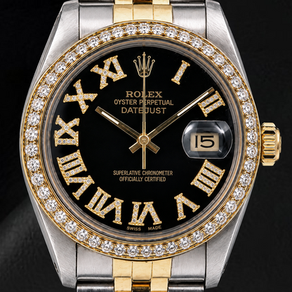 Rolex Datejust 16013 36mm Black Roman Diamond Dial Two Tone Watch