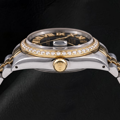 Rolex Datejust 16013 36mm Black Roman Diamond Dial Two Tone Watch