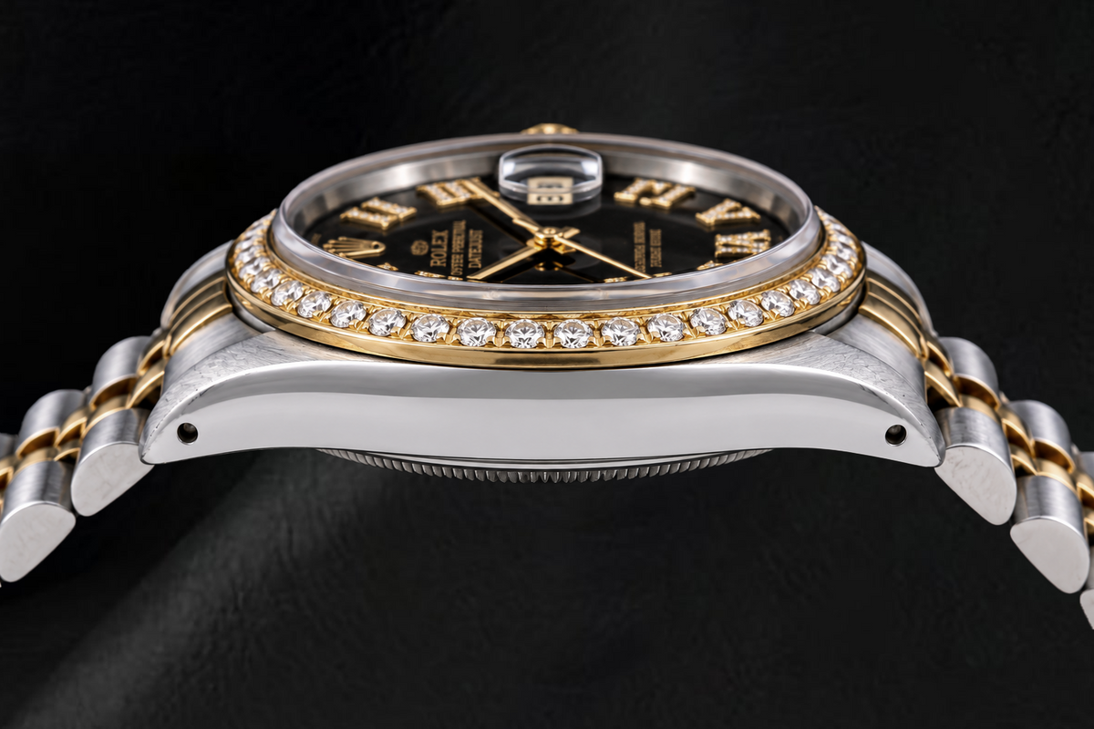 Rolex Datejust 16013 36mm Black Roman Diamond Dial Two Tone Watch