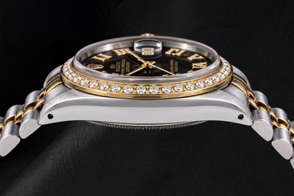 Rolex Datejust 16013 36mm Black Roman Diamond Dial Two Tone Watch
