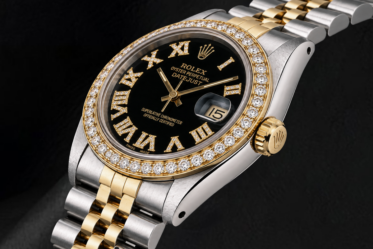Rolex Datejust 16013 36mm Black Roman Diamond Dial Two Tone Watch