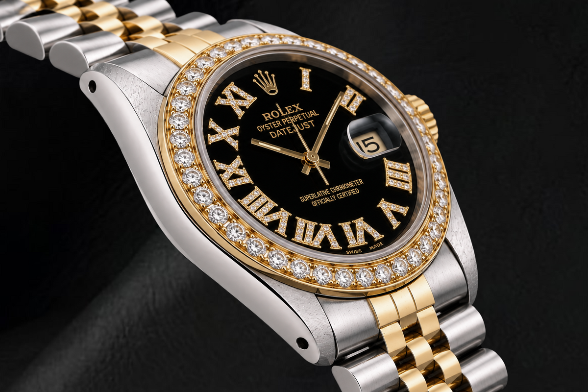 Rolex Datejust 16013 36mm Black Roman Diamond Dial Two Tone Watch