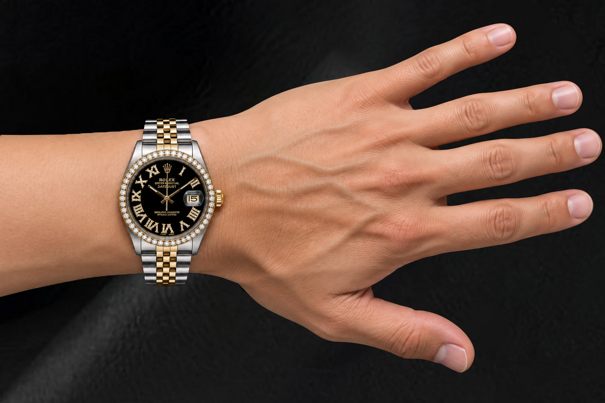 Rolex Datejust 16013 36mm Black Roman Diamond Dial Two Tone Watch