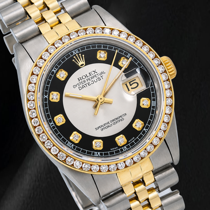 Rolex Datejust 16013 36mm Black Tuxedo Diamond Dial Two Tone Watch