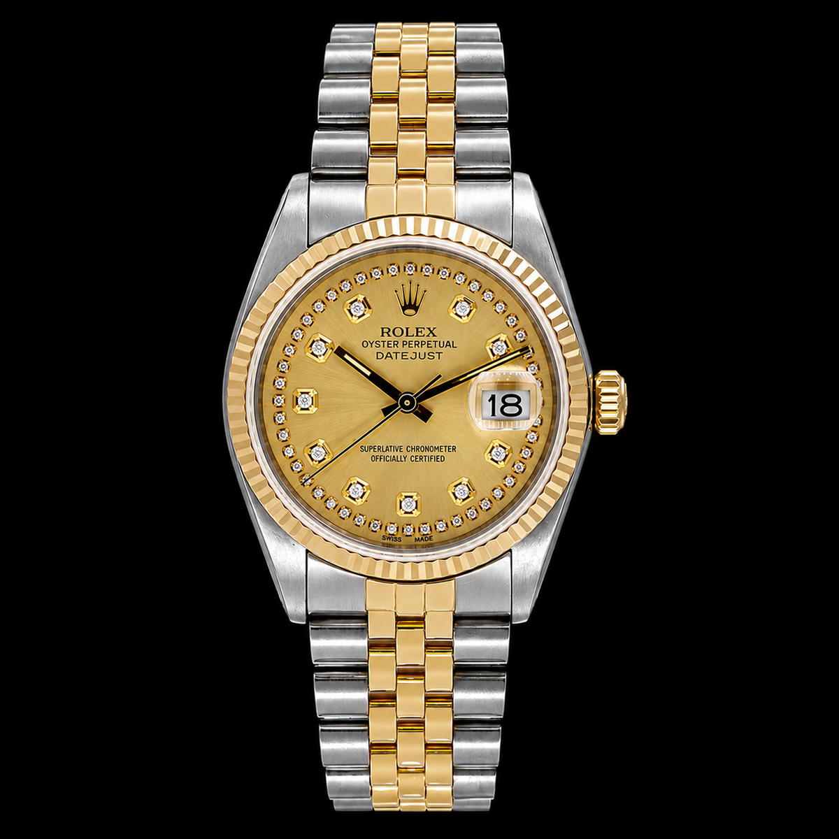 Rolex Datejust 16013 36mm Champagne String Diamond Dial Two Tone Watch