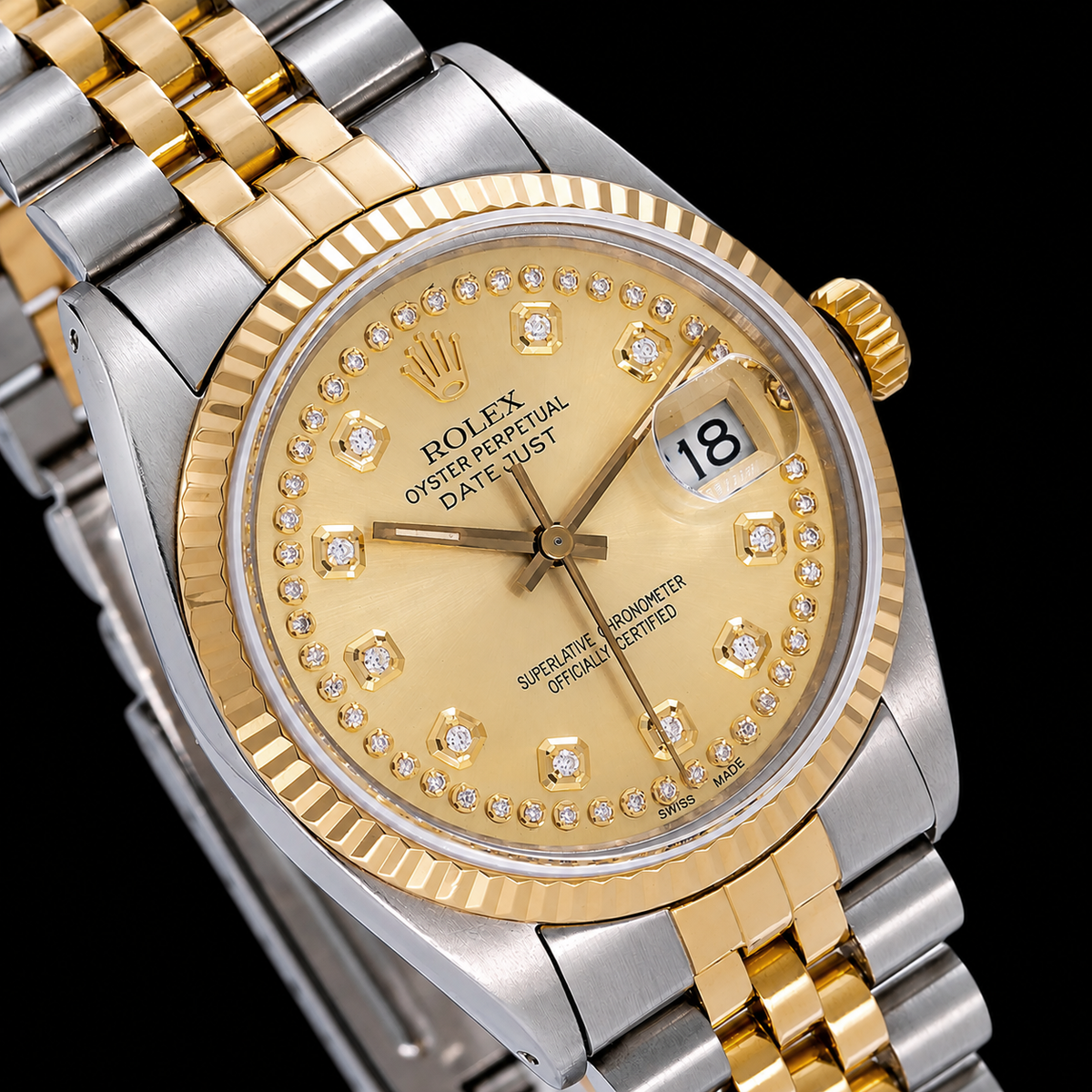 Rolex Datejust 16013 36mm Champagne String Diamond Dial Two Tone Watch