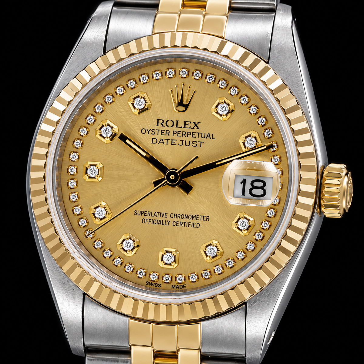 Rolex Datejust 16013 36mm Champagne String Diamond Dial Two Tone Watch