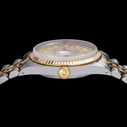 Rolex Datejust 16013 36mm Champagne String Diamond Dial Two Tone Watch
