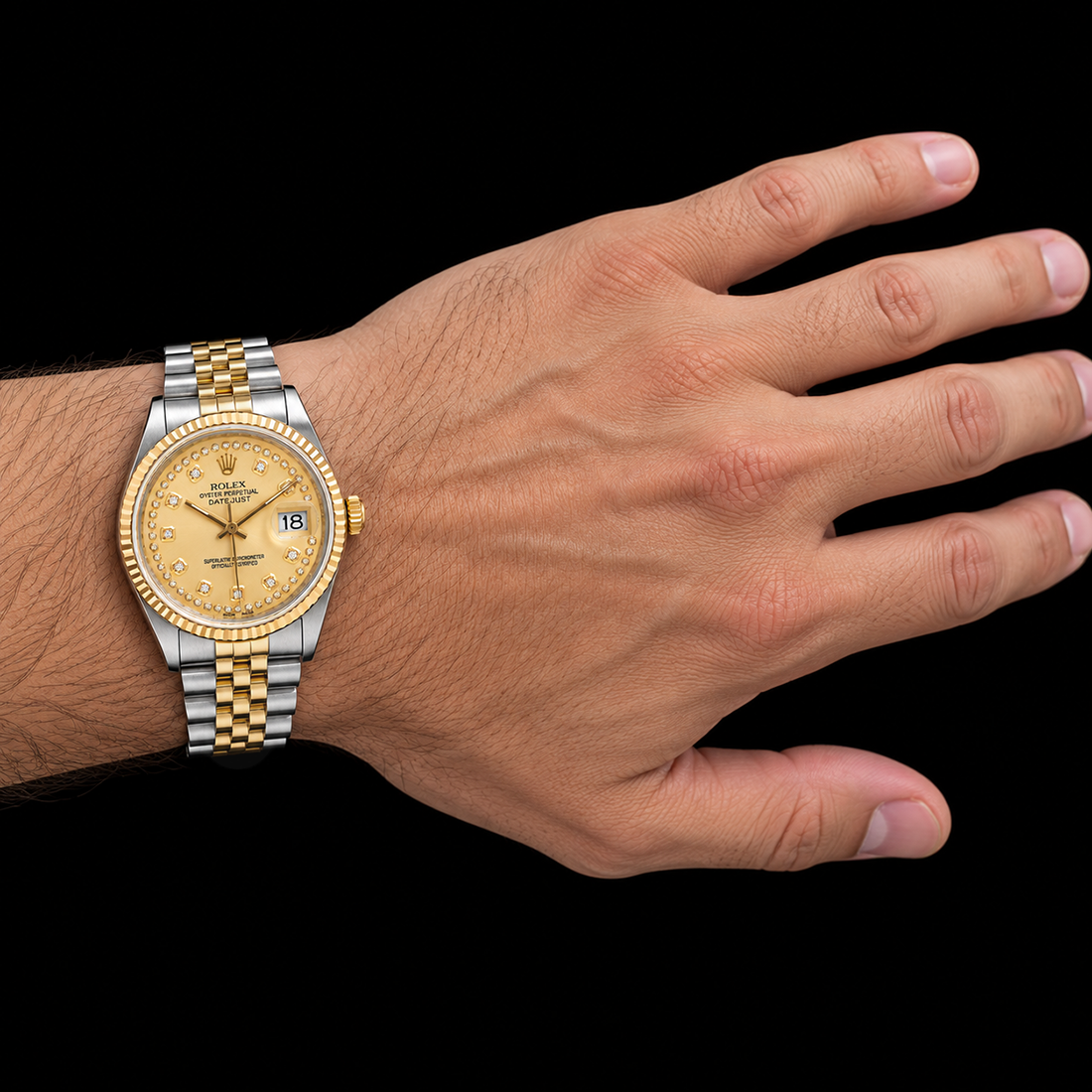 Rolex Datejust 16013 36mm Champagne String Diamond Dial Two Tone Watch