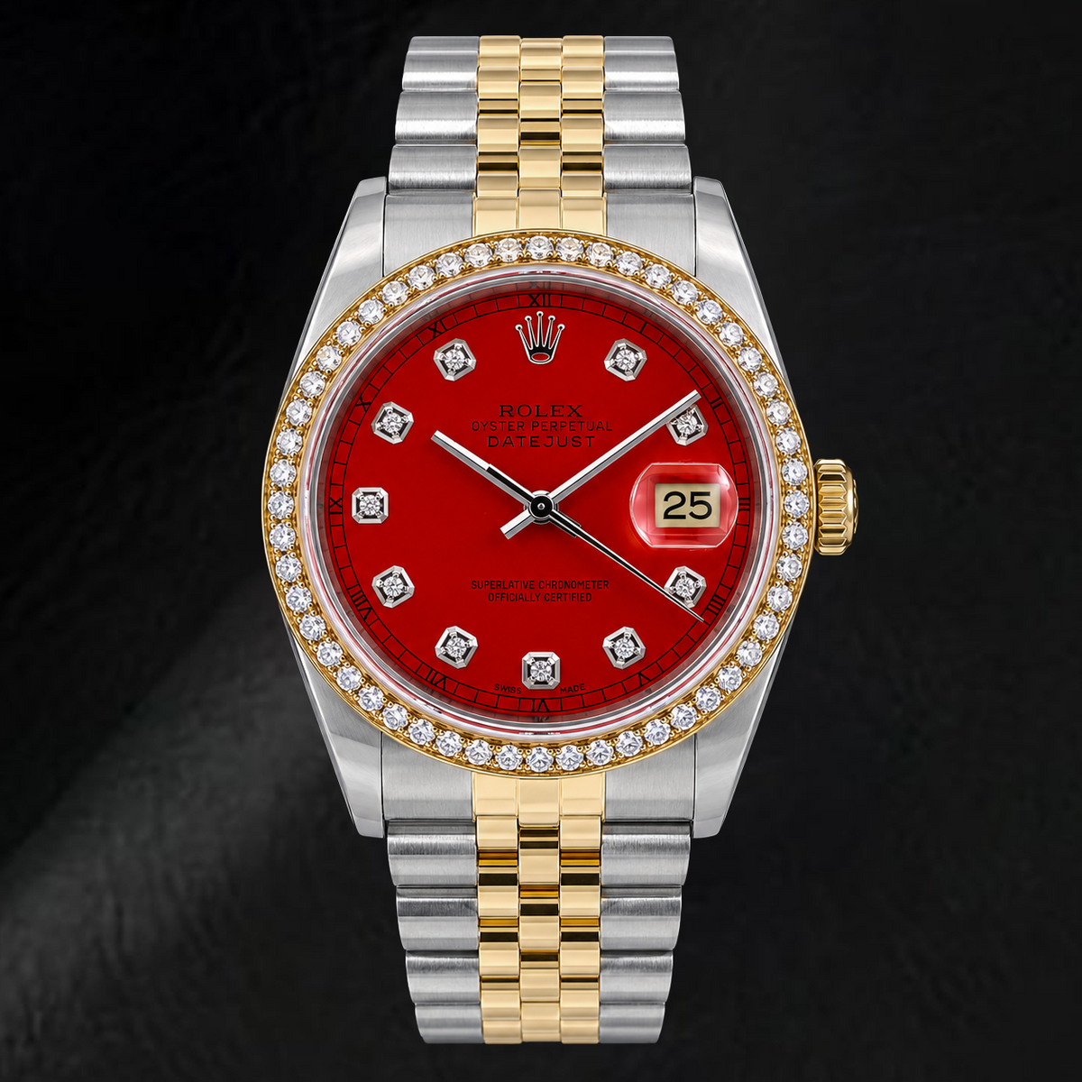 Rolex Datejust 16013 36mm Red Diamond Dial Two Tone Watch