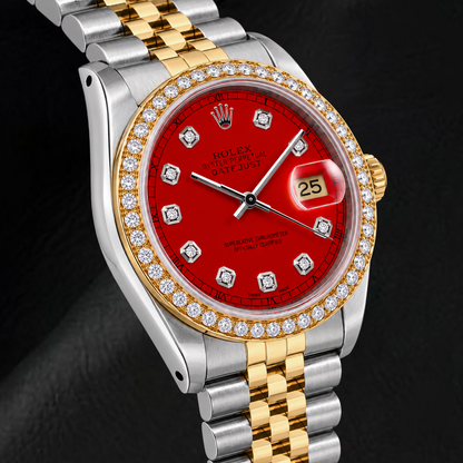 Rolex Datejust 16013 36mm Red Diamond Dial Two Tone Watch