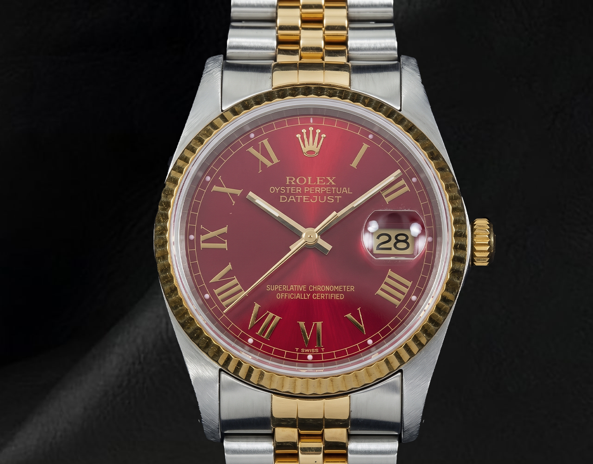 Rolex Datejust 16013 36mm Red Roman Dial Two Tone Watch