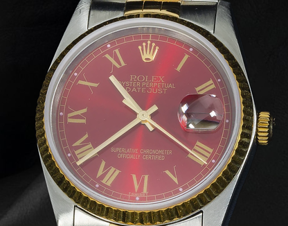 Rolex Datejust 16013 36mm Red Roman Dial Two Tone Watch