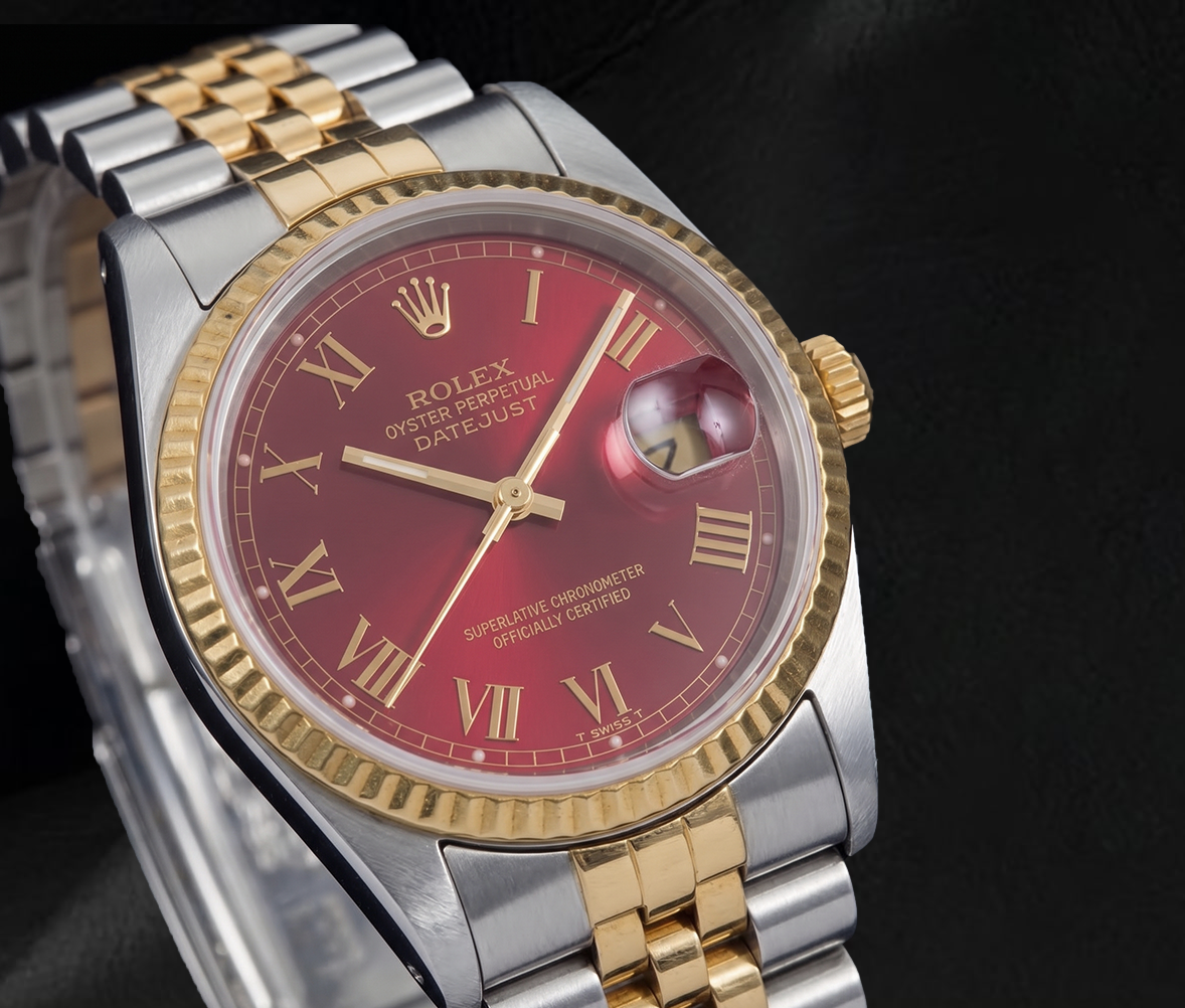 Rolex Datejust 16013 36mm Red Roman Dial Two Tone Watch