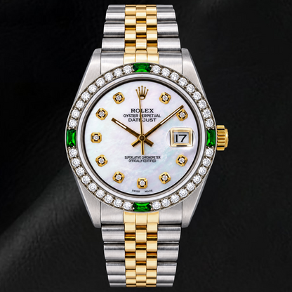 Rolex Datejust 16013 36mm White Mother of Pearl Diamond Dial Two Tone Watch