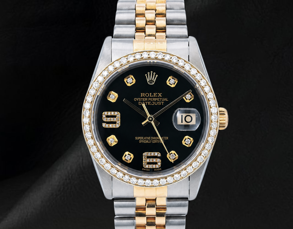 Rolex Datejust 16013 Black Arabic Diamond Dial 36mm Two Tone Watch