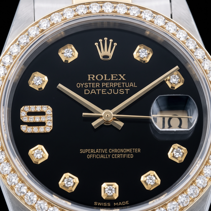 Rolex Datejust 16013 Black Arabic Diamond Dial 36mm Two Tone Watch