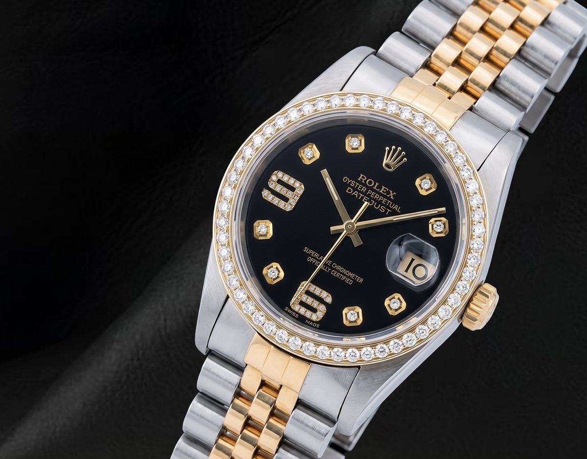 Rolex Datejust 16013 Black Arabic Diamond Dial 36mm Two Tone Watch