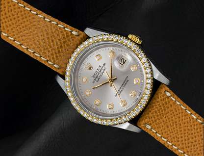 Rolex Datejust 16013 Rolex Silver Diamond Dial Leather Strap Watch