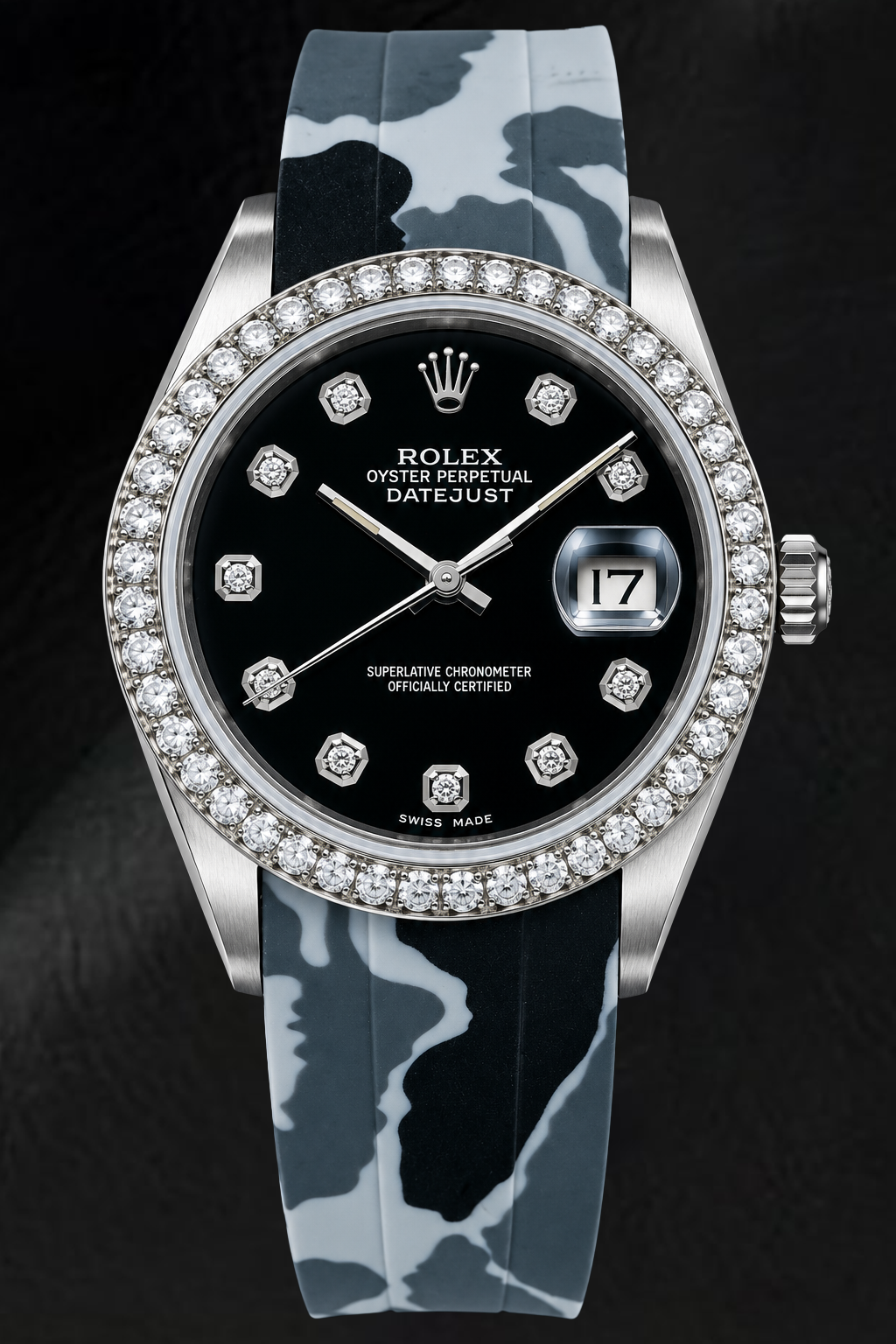 Rolex Datejust 16014 36mm Black Diamond Dial Gray Camo Rubber Strap Watch