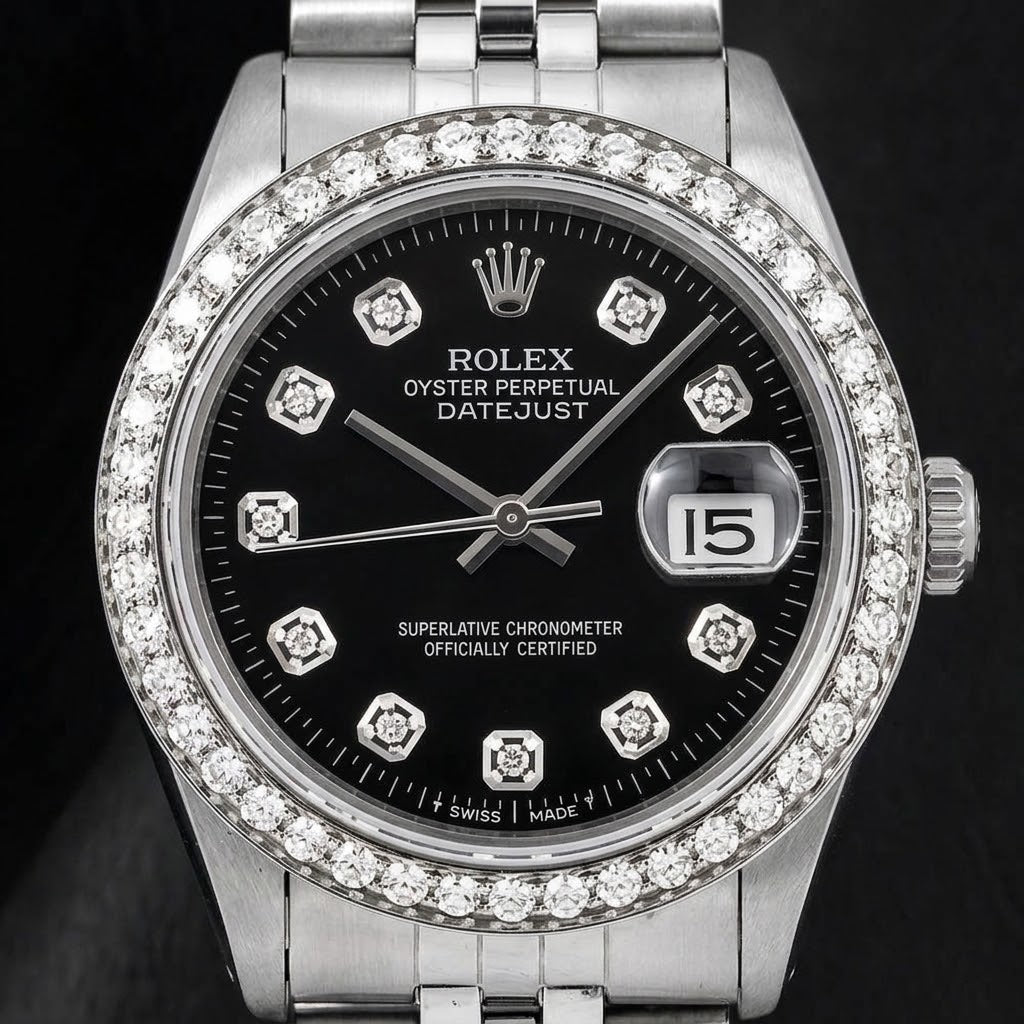 Rolex Datejust 16014 36mm Black Diamond Dial Stainless Steel Watch Jubilee Bracelet