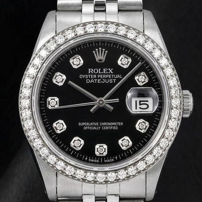 Rolex Datejust 16014 36mm Black Diamond Dial Stainless Steel Watch Jubilee Bracelet